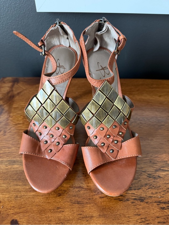 b. makowsky Shoes - B. Makowsky Tan Leather Studded Sandals Heels with Metallic Accent